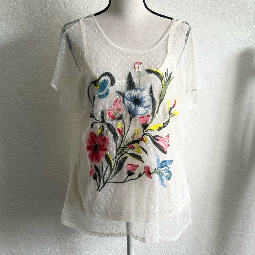 Grand & Greene Sheer White Blouse with Floral Embroidery NEW w/ Tags Lace